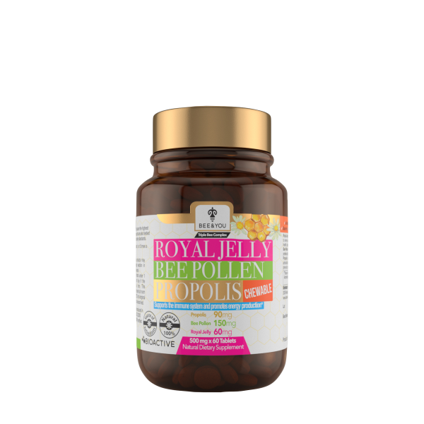 Triple Bee Complex: Royal Jelly Bee Pollen Propolis Chewable 500mg - 60 Tablets (30 Servings)